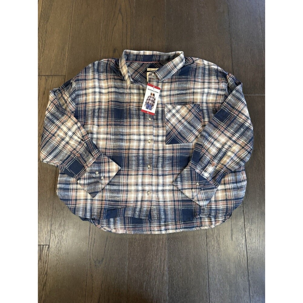 Scotch & Soda Womens XL Plaid Flannel Shirt Blue Pink 100% Cotton NWT